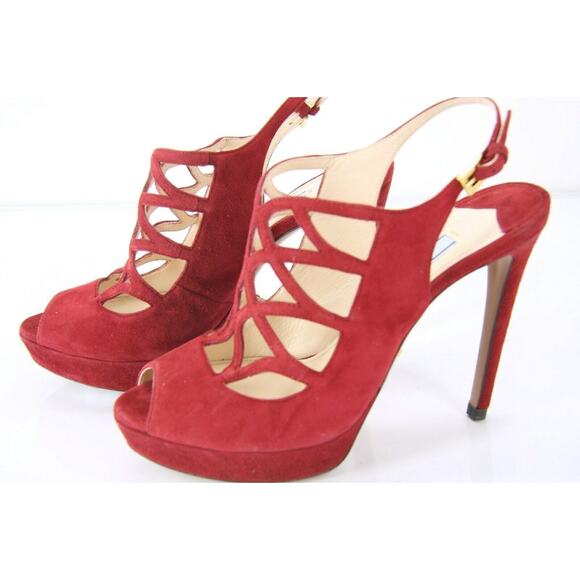 Prada Caged Red Suede Strappy Platform Open Toe Sandals - Picture 9 of 11